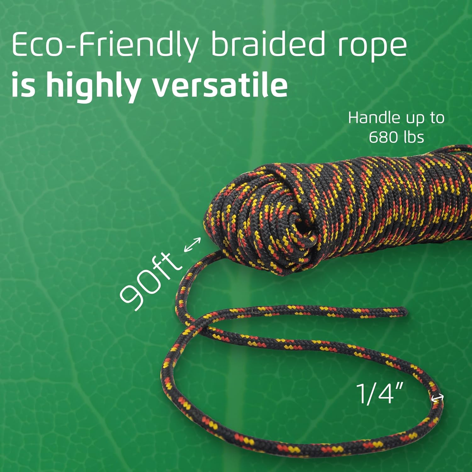 ITACORDA- 90ft Eco-Friendly Braided Rope -Multipurpose Resistant Flag Camping Anchor Rope, Indoor/Outdoor Heavy Duty Ropes -Made of Recycled Plastic Bottles- 1/4in(6mm) Thick -Black w/Yellow&Red Dots