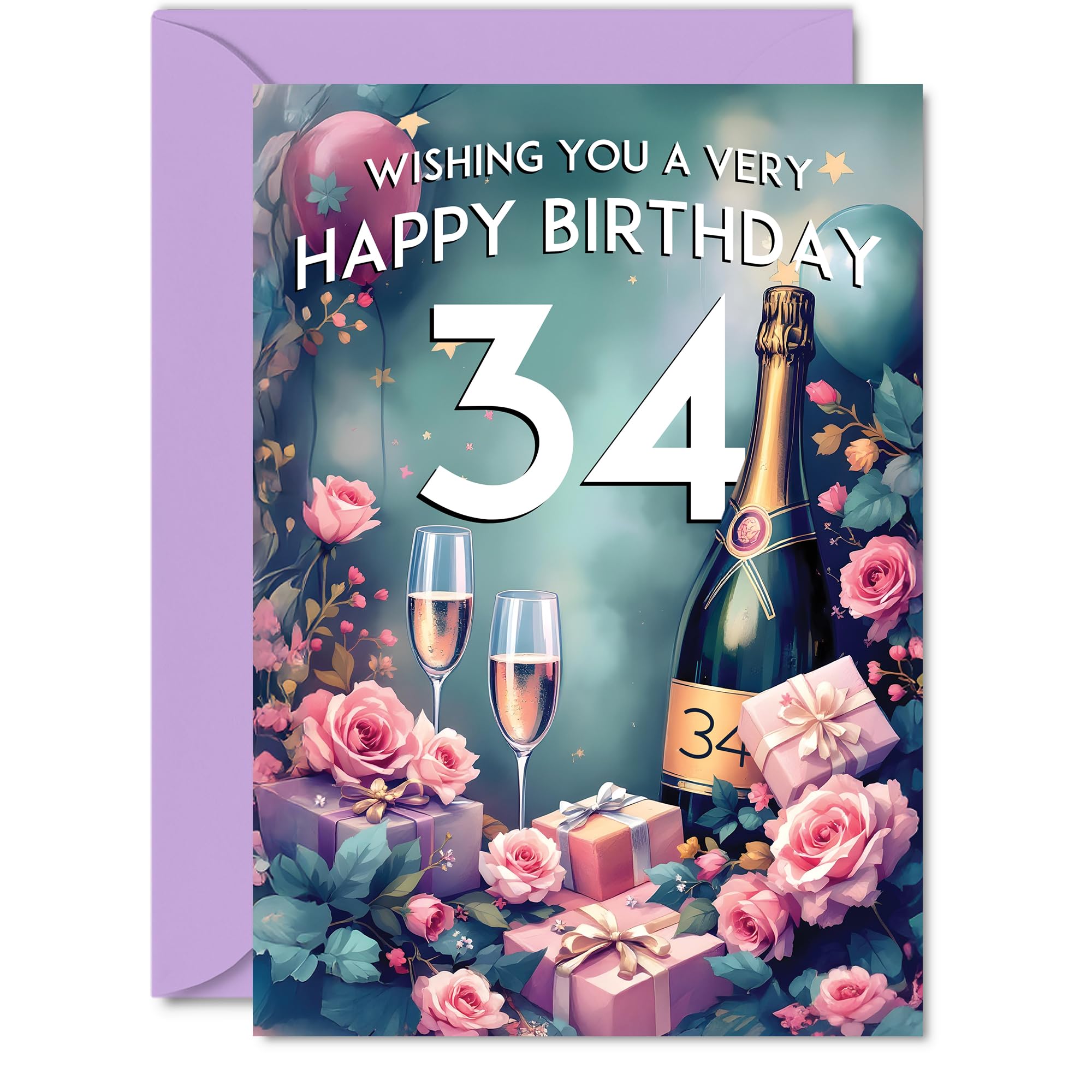 34th Birthday Card - Pink Presents Champagne Bottle - Gorgeous Pretty Beautiful Birthday Cards for 34 Year Old Woman Women, A5 Greeting Cards Gift