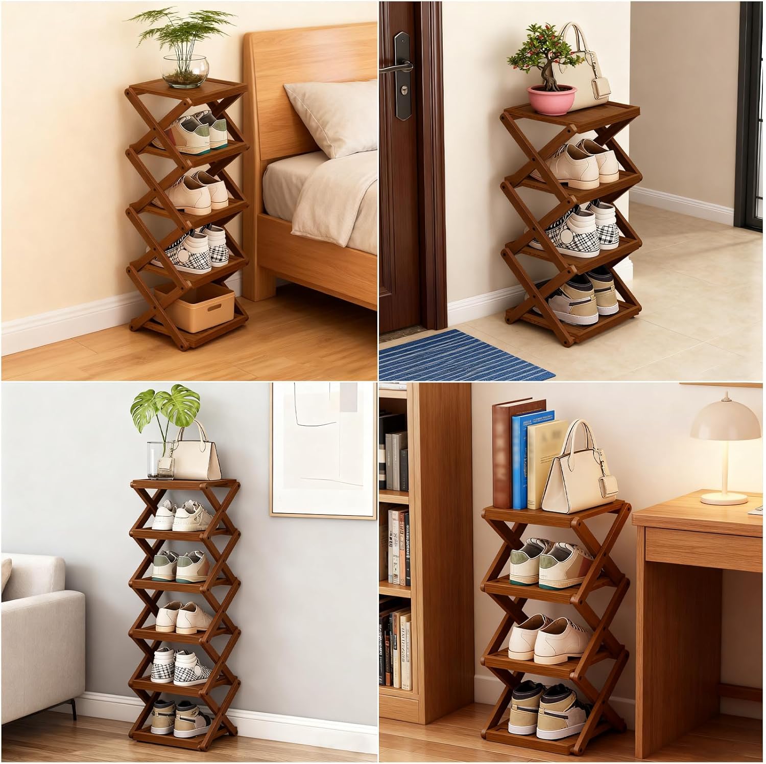 YYW Flat Bamboo Shoe Rack for Entryway, Installation-Free and Folding Vertical Small Shoe Rack, Saves Space Narrow Shoe Racks for Doorway Closet