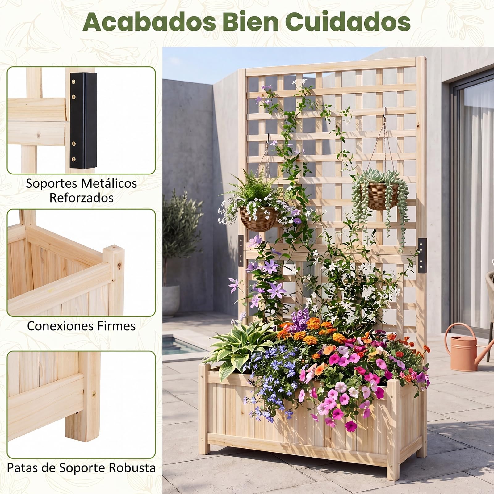 COSTWAY Jardinera Elevada con Enrejado, Macetero con Soporte para Trepadoras, Marco de de Madera de Abeto, Agujeros de Drenaje, Huerto Urbano Exterior Grande para Terraza Balcón Patio (Natural)