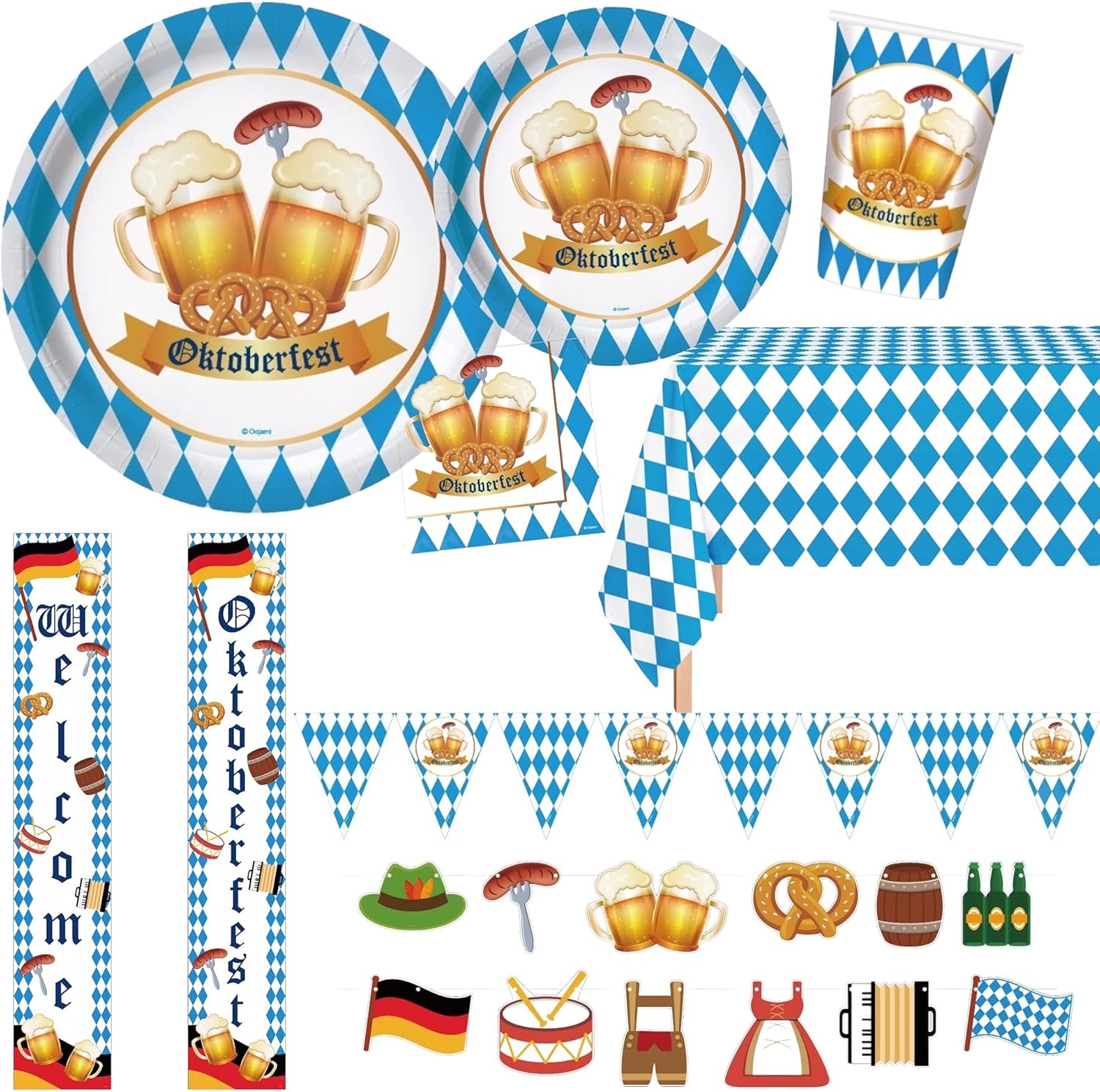 Serves 24 Ultimate Oktoberfest Party Supplies 9" Dinner Plates 7" Dessert Plates 24 Cups 12 Ounce 2 Table Cover 24 Lunch Napkins 2 Pennant Banners 1 Banner 1 Door Banner