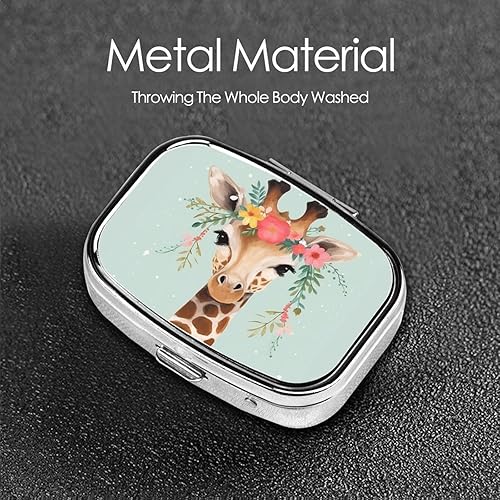 Miniatura 5 de Pastillero de jirafa con estampado floral, pastillero cuadrado con 2 compartimentos, pequeño organizador de medicamentos de metal, pastillero
