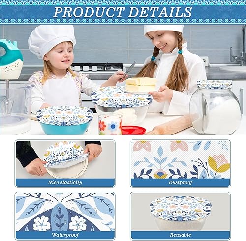 Miniatura 6 de susiyo Fundas elásticas reutilizables para tazones, 5 piezas, flores populares y polillas para almacenamiento de alimentos, cubiertas elásticas,