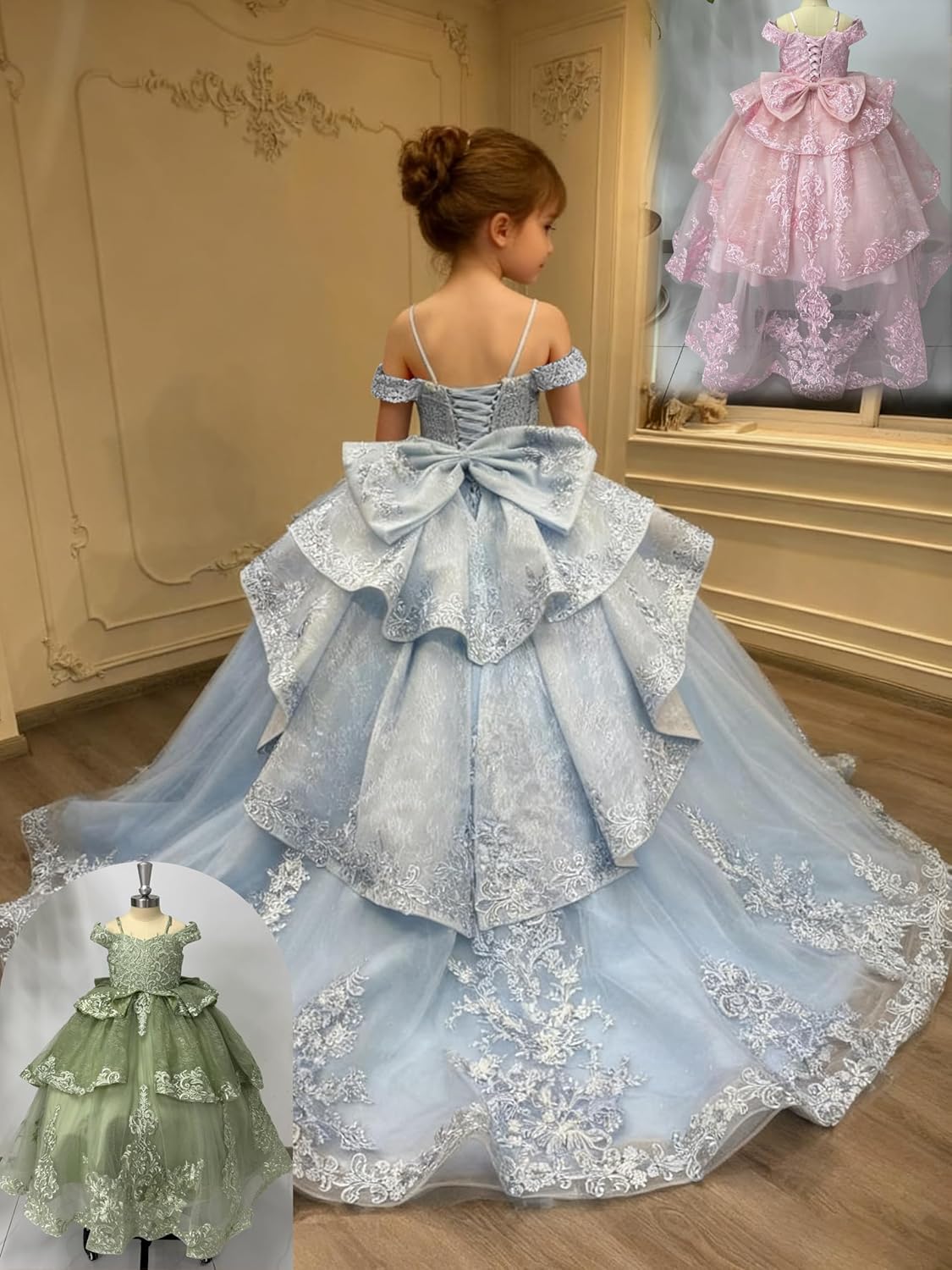 Lace Applique Flower Girl Dress for Wedding Beaded Off Shoulder Girls Pageant Dress Layered Girls Ball Gown Dress - Image 5