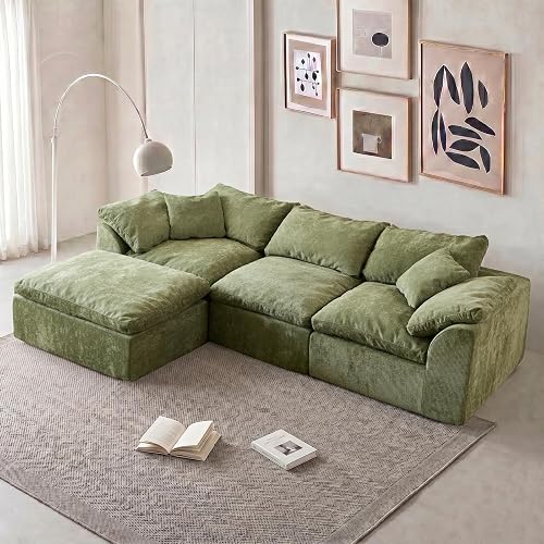 109" Modern Cloud Couches for Living Room, Deep Seat Convertible L-Shape Boneless Couch with Ottoman, Oversized Comfy 3-Seater Couch Chenille Fabric Compressed Sofa Modular Sectional Sofa, (Green)