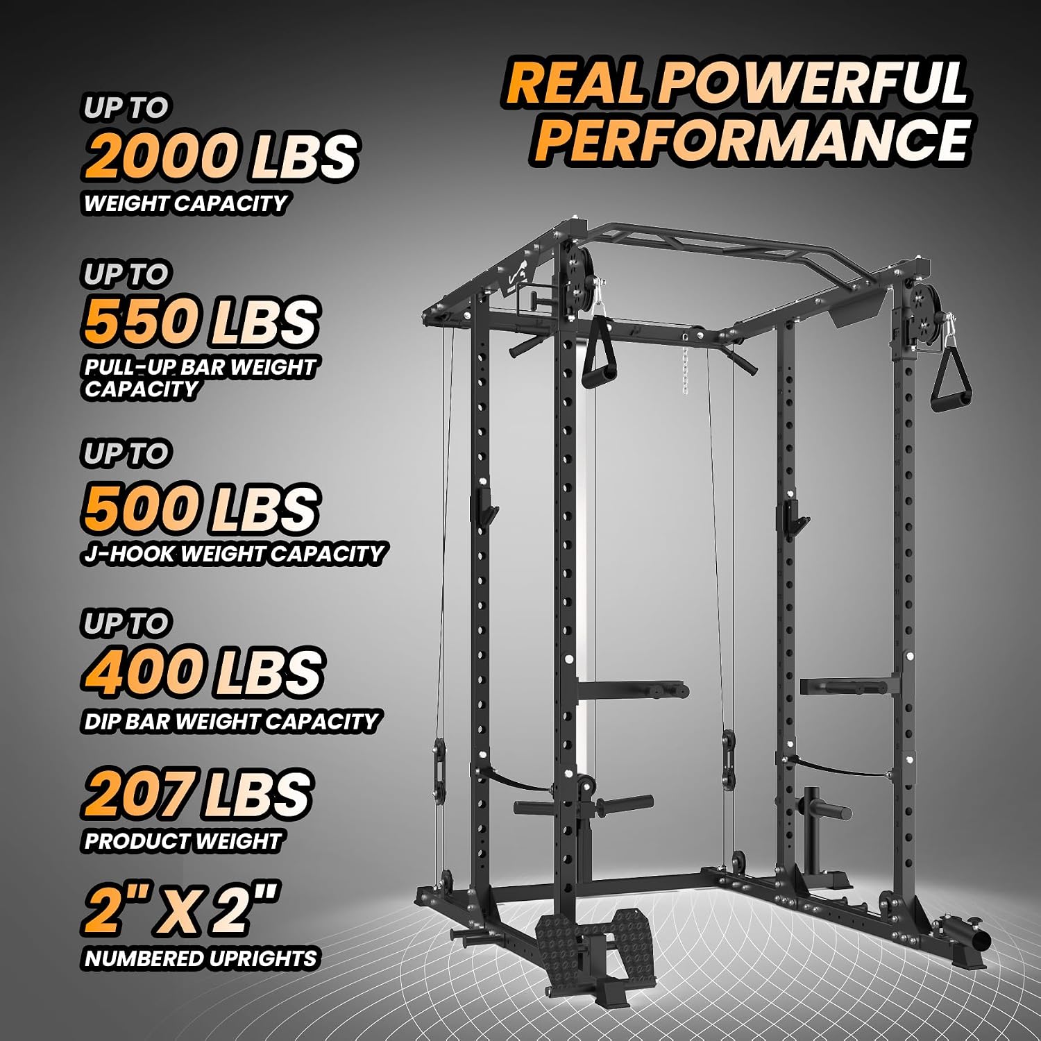 Close-up view of Power Cage product details including J-hooks, dip bar, and landmine attachment