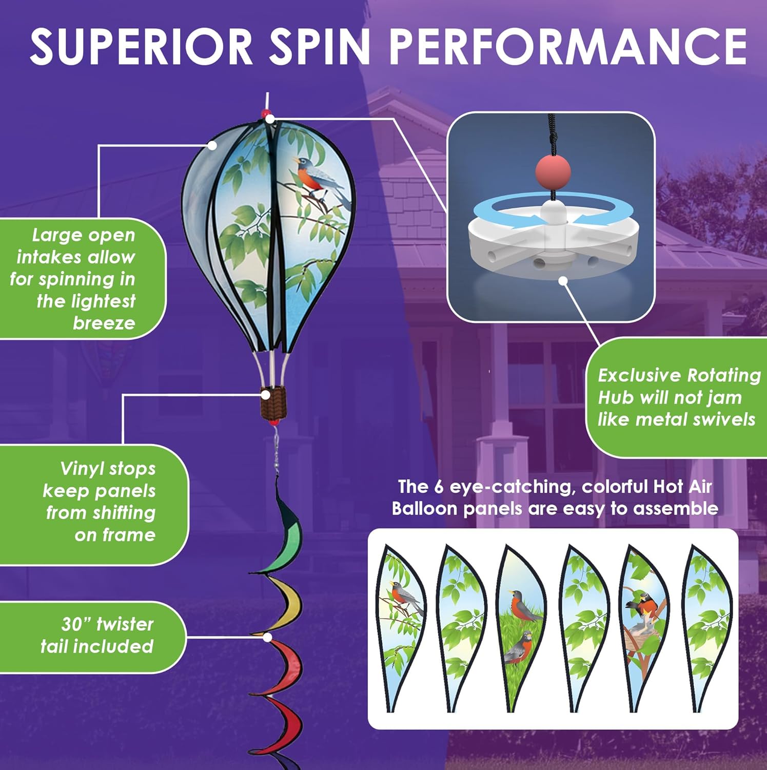 Hot Air Balloon Hanging Garden Spinner 16" - Vibrant Robins Design, Weather-Resistant Outdoor Decor, Durable & Lightweight for Patios, Yards, and Gardens - Eye-Catching Wind Spinner