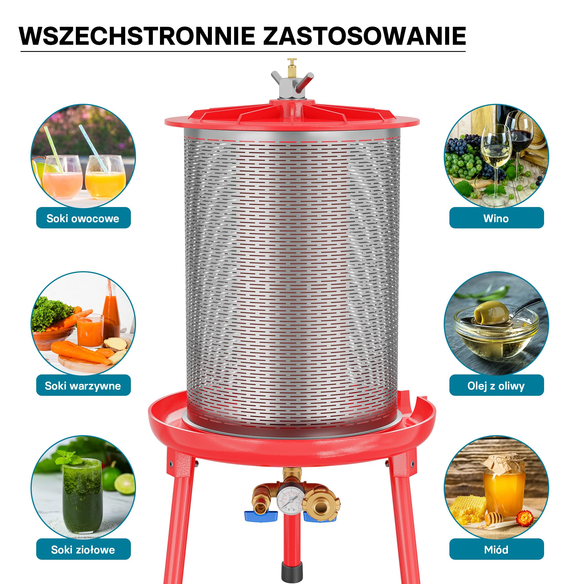 Wiltec Hydroprasa do owoców 40 litrów, ręczna prasa hydrauliczna, prasa do wyciskania soków z owoców i warzyw pod ciśnieniem wody, stal nierdzewna