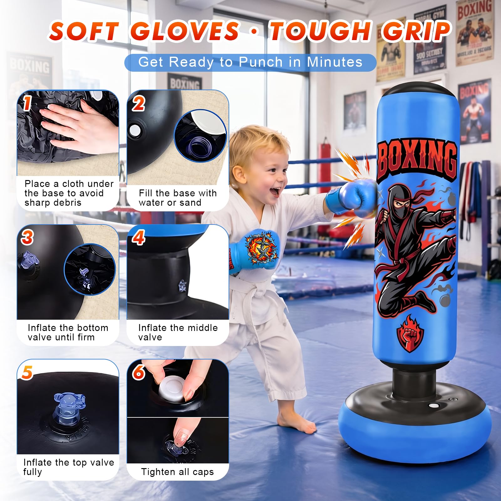 Pungiball per Bambini Sacco da Boxe con Guantoni e Pompa