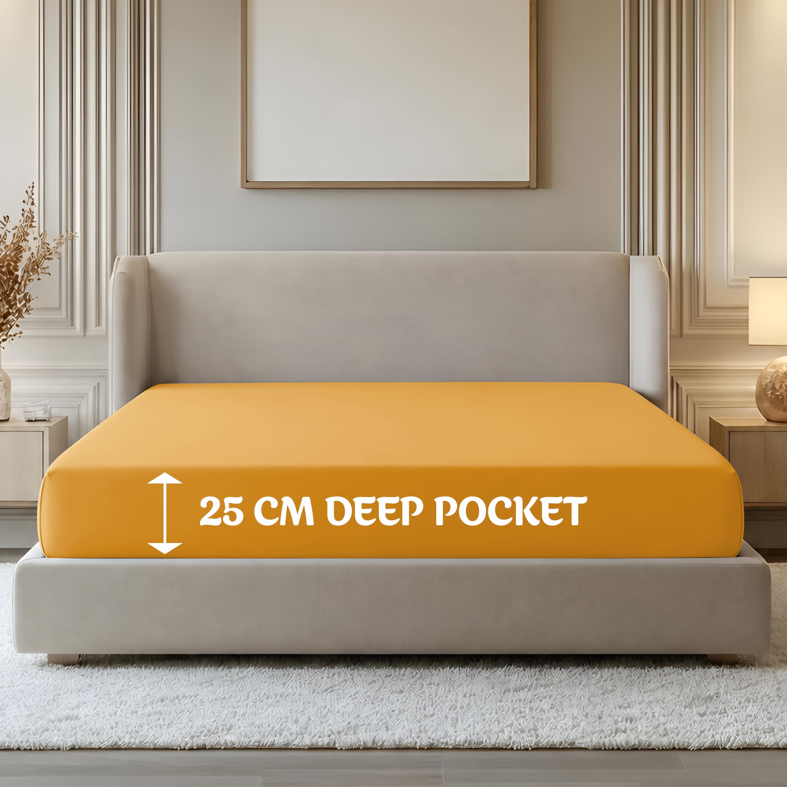 Oxford Homeware Ochre Double Fitted Sheet -100% Brushed Microfibre 1800 Easy Care 25 Cm Deep Double Bed Sheets - Shrinkage And Fade Resistance