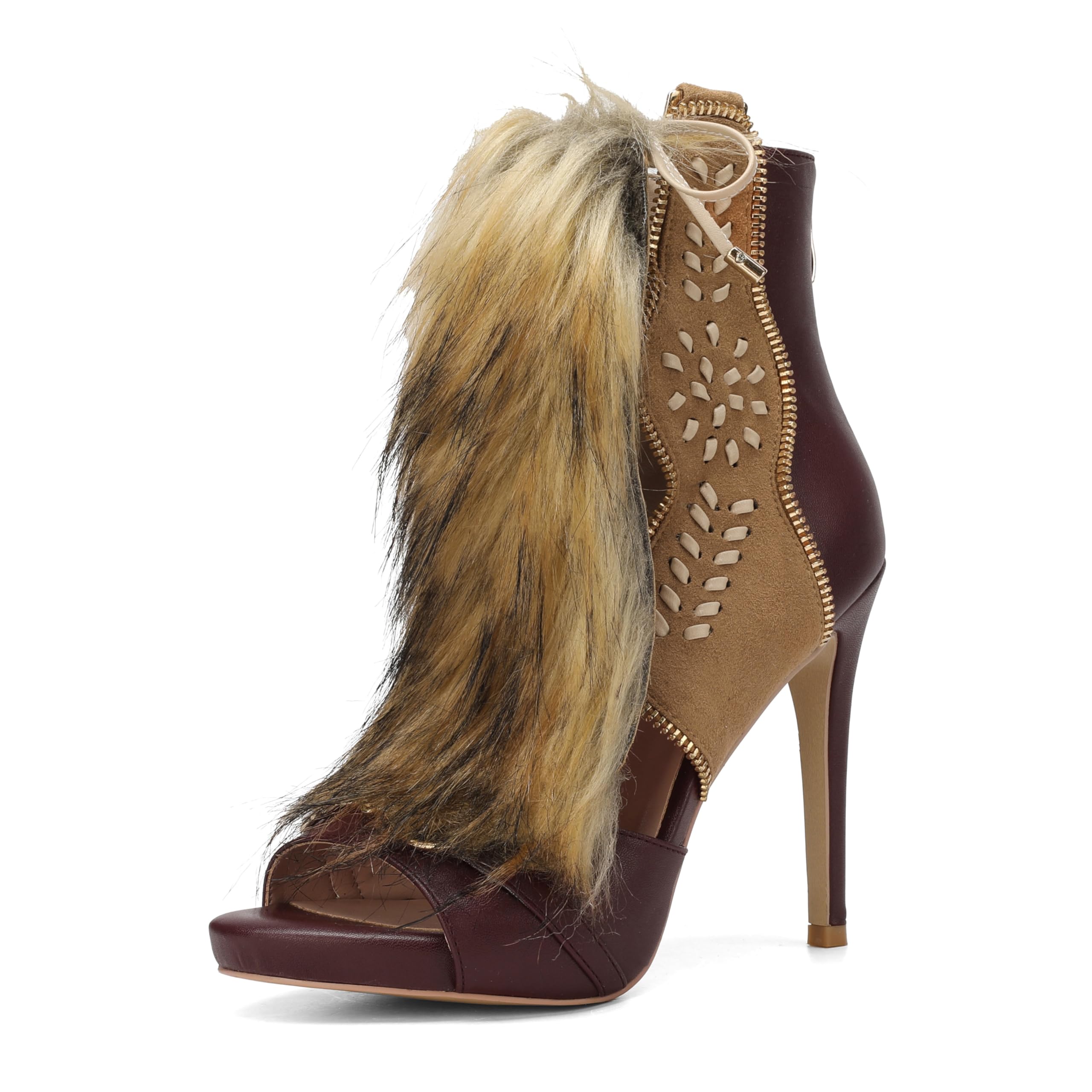 Women’s Faux Fox Fur Trim High Heel Ankle Boot Sandals Cutout Leather Lace Detail Peep Toe Zip Back 4 Inch Stiletto Heels Party Fashion Shoes-image-18