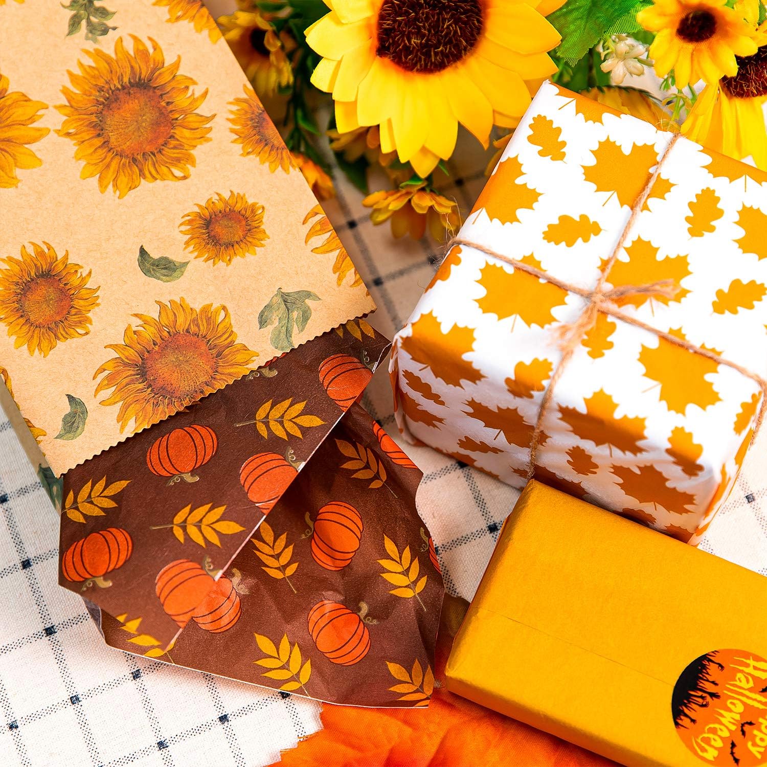 Whaline 90 Sheet Fall Tissue Paper Autumn Pumpkin Maple Leaves Wrapping Paper Art Paper Crafts for Thanksgiving Harvest Birthday Wedding Party Gift Bag Festival Pompom Confetti (6 Designs)