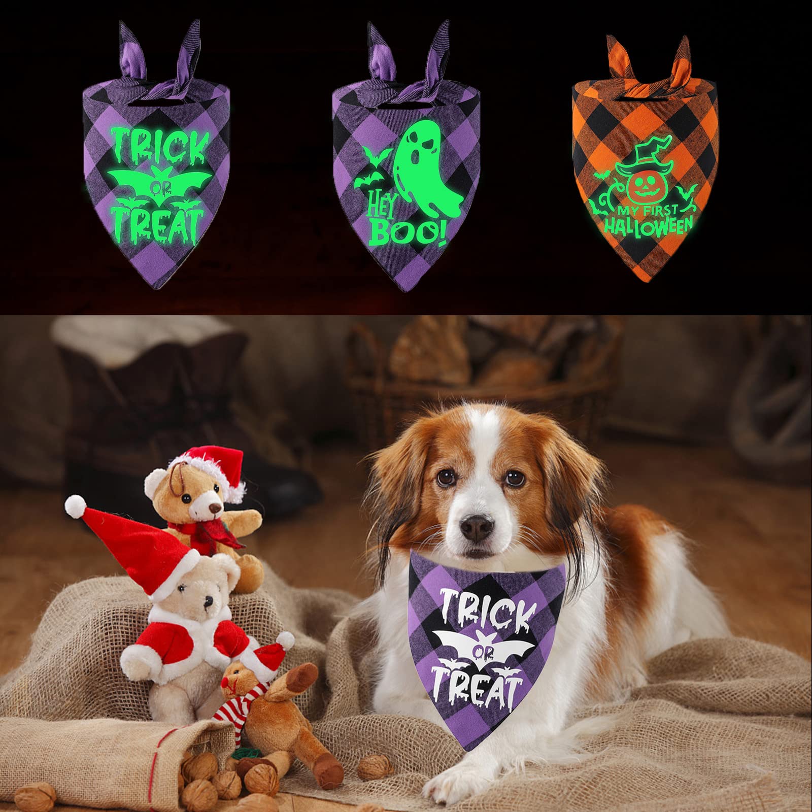 2er Set Halloween Hundehalstücher Mit Quasten - Karomuster Für Kleine & Große Hunde