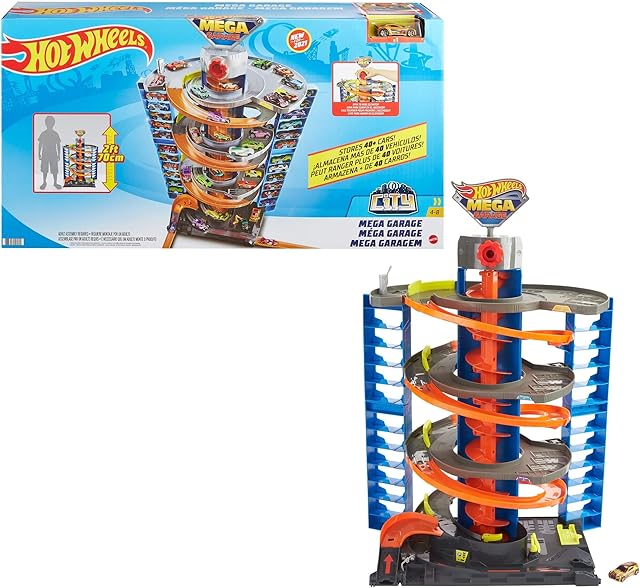 Hot Wheels City Mega Garage Playset with Corkscrew Elevator & Storage for 60+ Cars, Includes 1 Hot Wheels 1:64 Scale Vehicle, Connects to Other Hot Wheels Track Sets, Gift for Kids 4 Years Old & Up