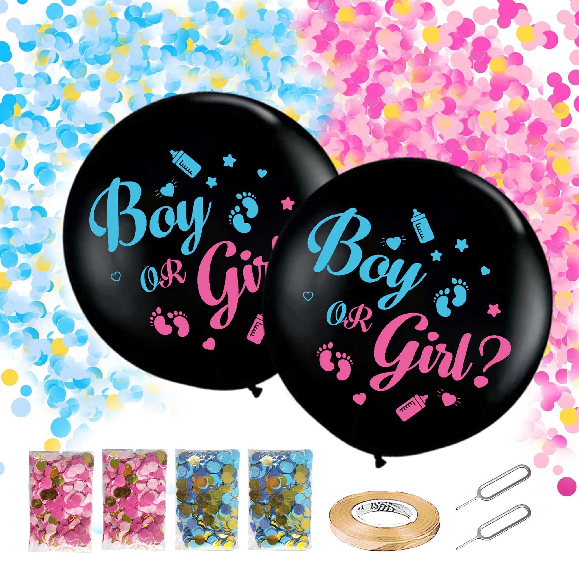 Soireeparty Gender Reveal Confetti Balloons, 2 Pieces Large 36 Inch Black Latex Balloon with Pink Blue Confetti