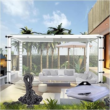 Gazebo Curtains Waterproof, 0.12mm Pergola Waterproof Side Panels Translucent Tarp with Eyelets and Elastic Rope DTVEW Color Clear, Size 5.25x6.56/1.6x2m