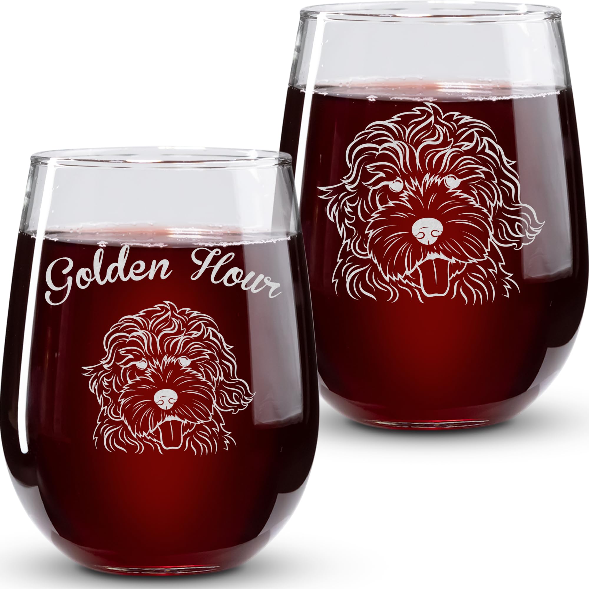 On The Rox DrinksDog Gifts for Women - 17 Oz Golden Hour Stemless Wine Glass Set of 2 - Golden Doodle Gifts, Accessories for Golden Doodle Lovers - Funny Golden Retriever-Poodle Wine Cups for Mom