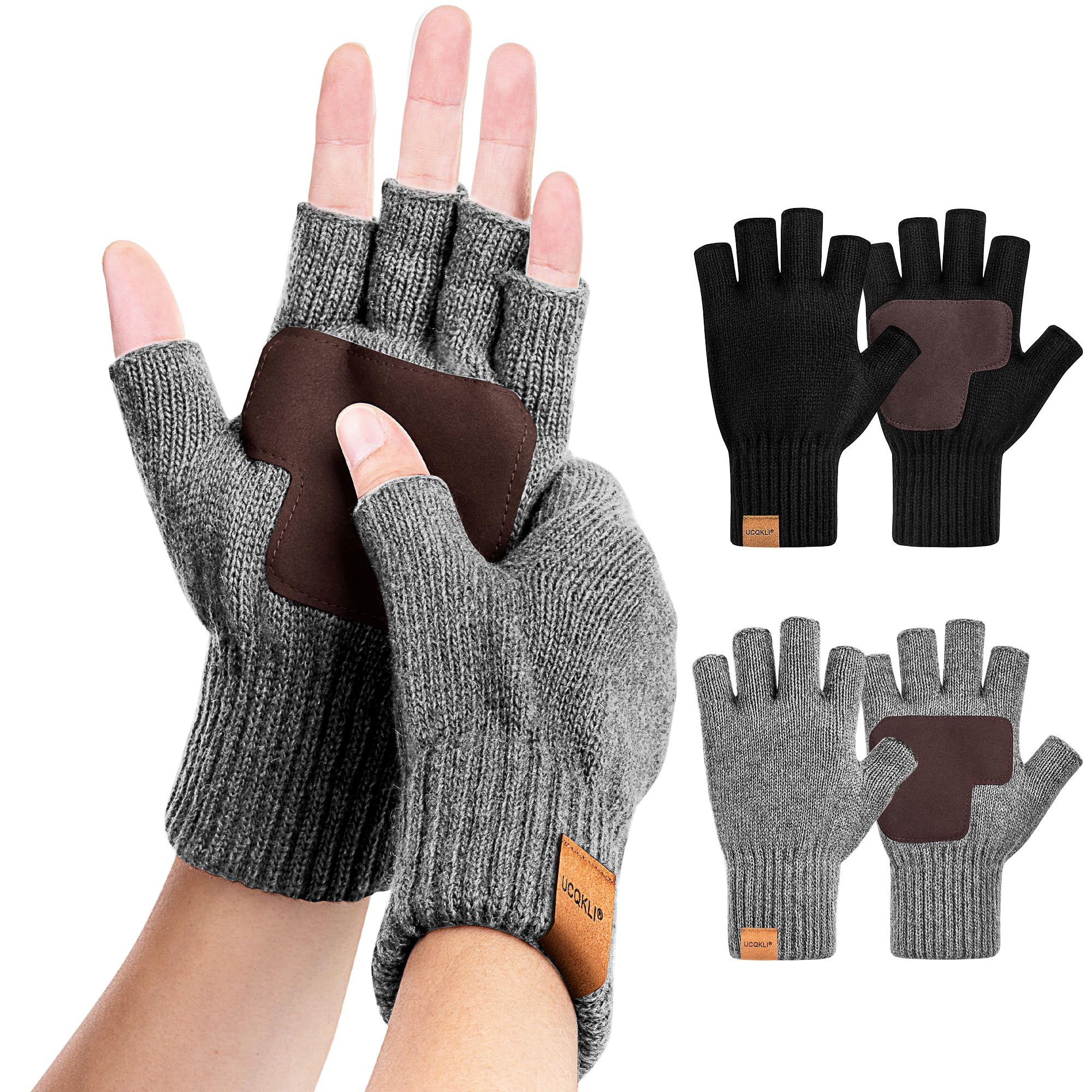2 Pairs Winter Fingerless Gloves for Women Men, Alpaca Wool Knit, Half Finger Gloves Touchscreen