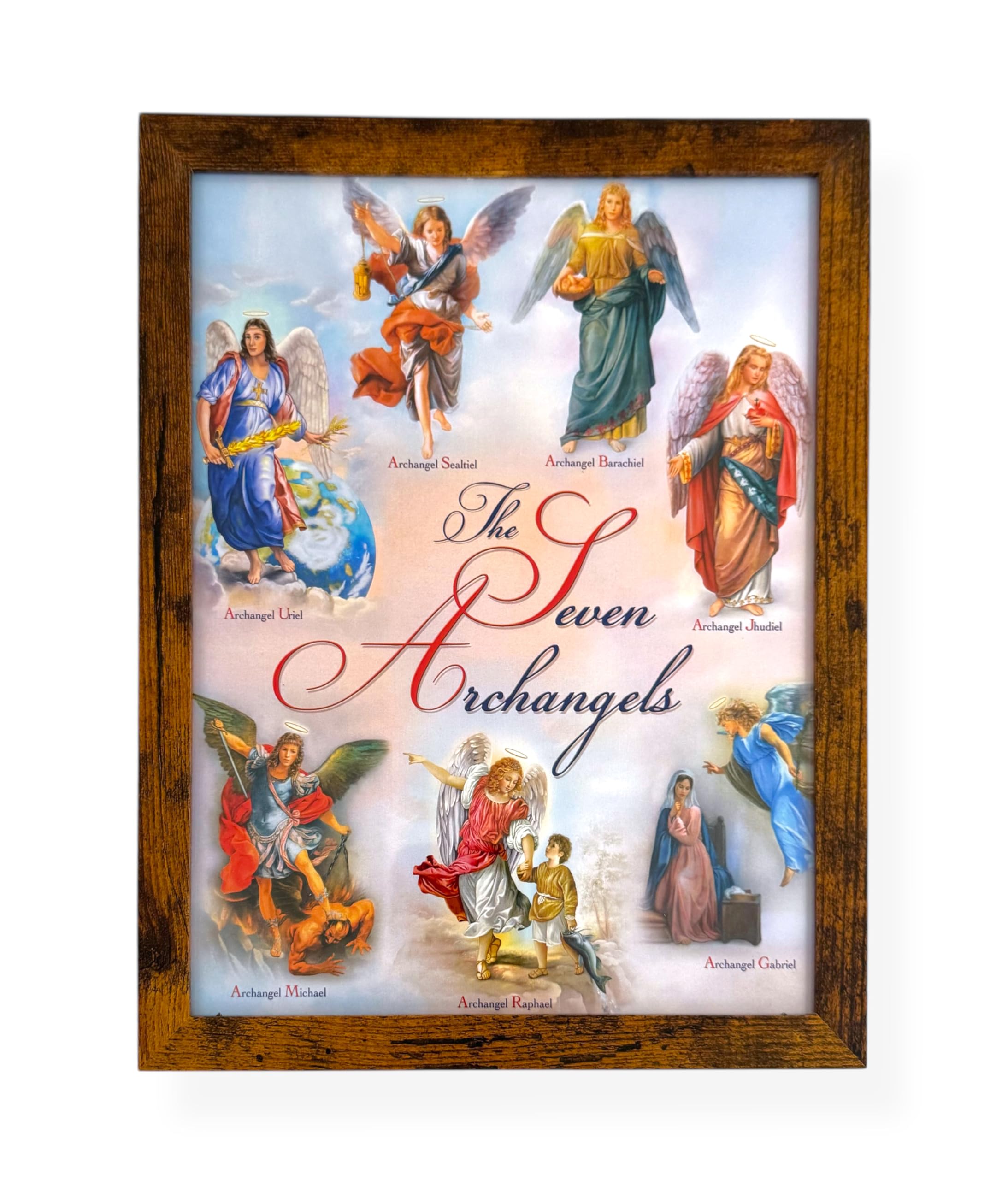 The Seven Archangels Italian Picture Image Print Framed Brown Frame with Acrylic Cover 8" X 10" Religious Gift