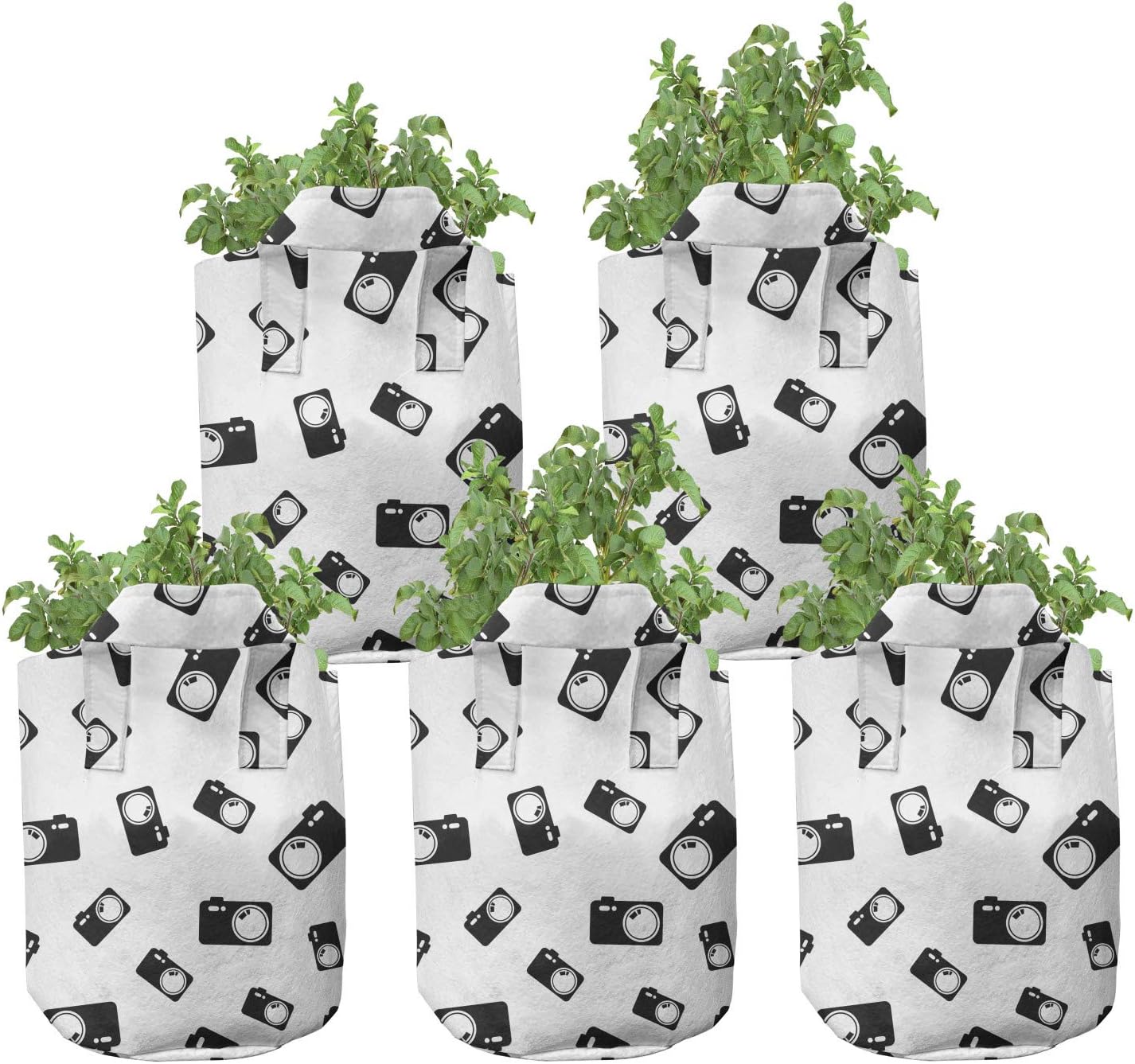 Lunarable Abstract Grow Bags 5-Pack, Camera Photography Items, Heavyduty Fabric Pots with Handles for Plants, 7 Gallon, White and Charcoal Grey