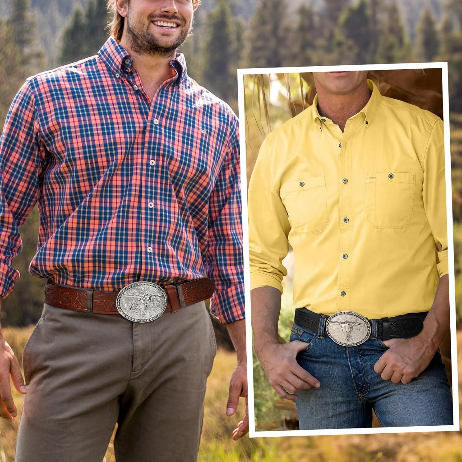 VONMELLI Western Belt for Men Women, Embossed Leather with Bull Buckle - Image 5