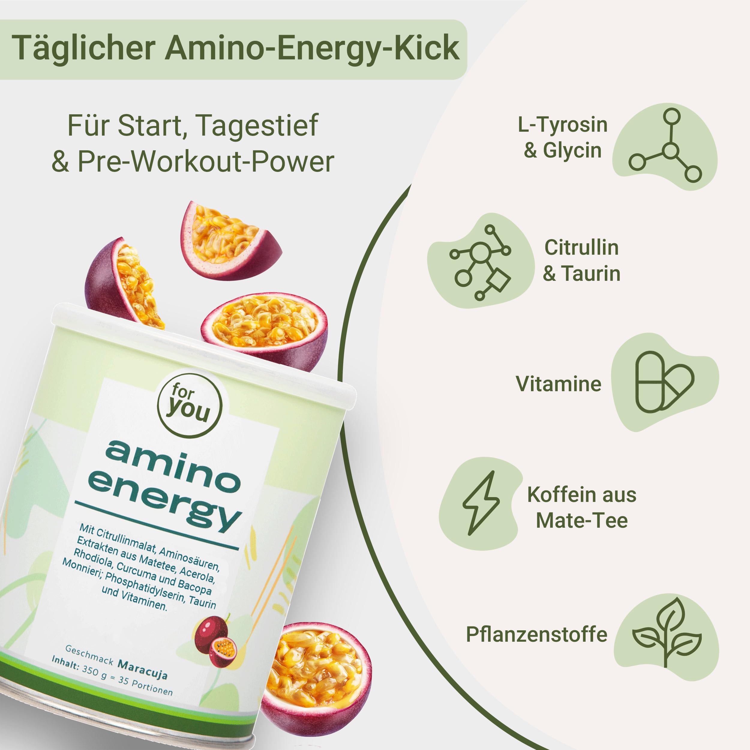 for you amino energy Maracuja - Pre-Workout-Booster - 350g Aminosäuren Pulver mit Citrullin Malat, Dextrin, L-Tyrosin, Taurin, Koffein aus Mate-Tee Extrakt - für mehr Energie Konzentration