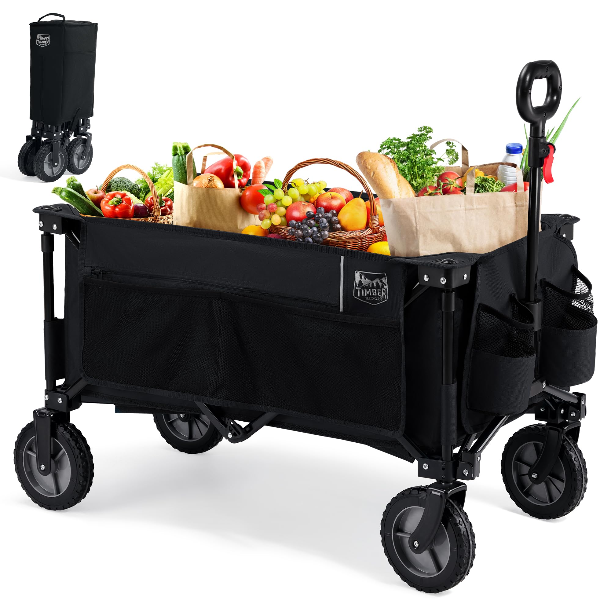 TIMBER RIDGE XXL Bollerwagen Faltbar Transportwagen mit Seitentasche Getränkehalter verstellbarem Griff, Gartenwagen für Alle Gelände, Draussen Camping Einkaufen