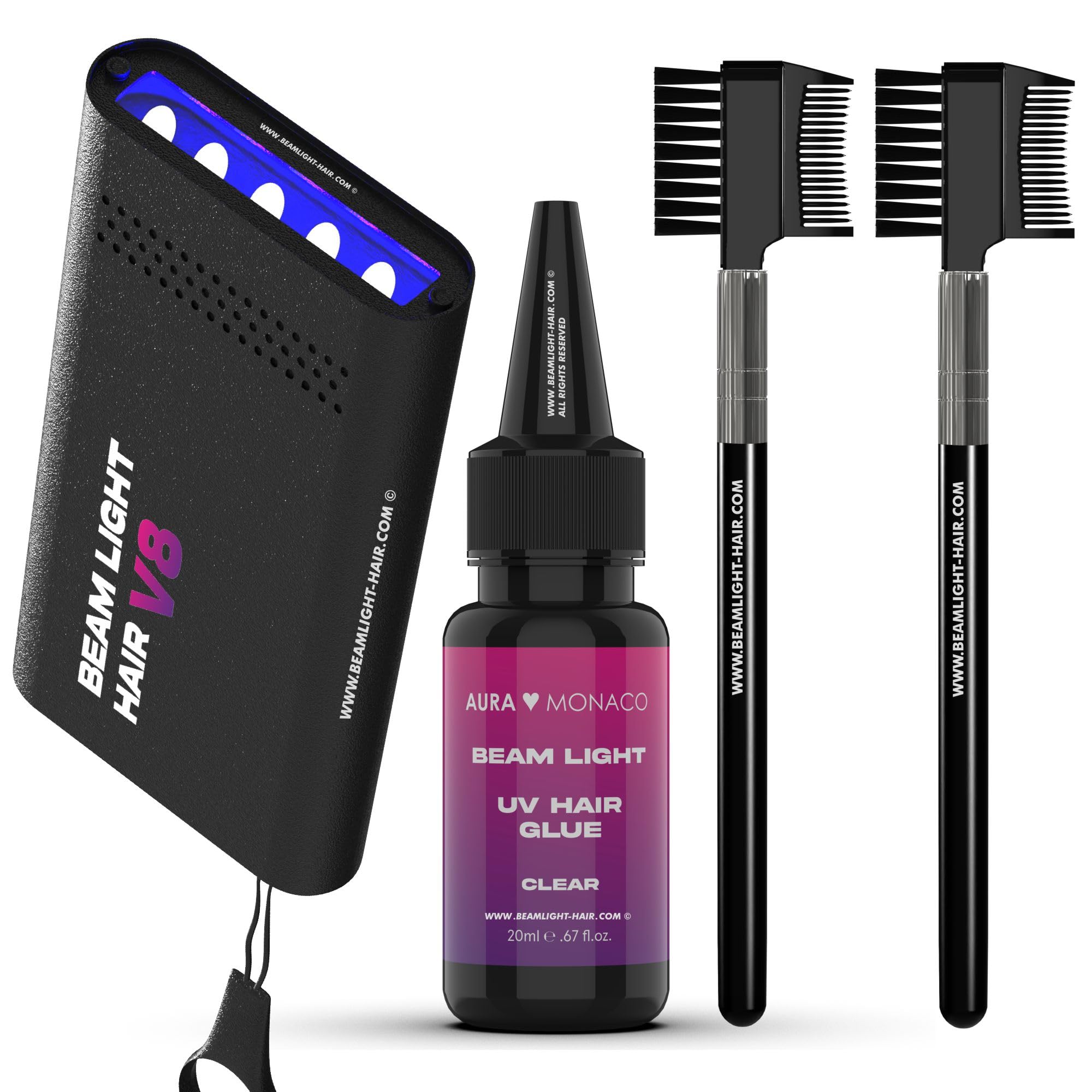 AURA Monaco | Beam Light Hair Extension System V8 – LED Gerät für Haarverlängerung mit Kleber & Zubehör – inklusive Security Shield & Brush Combs – schnelle, unsichtbare & schmerzfreie Extensions
