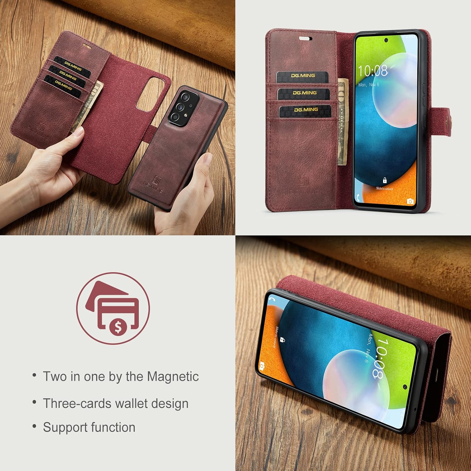 Detachable 2 in 1 Split Magnetic Flip Folio Wallet Case Compatible with Samsung Galaxy A53 5G Genuine Leather Phone Case with 3 Card Holder Slots Kickstand Shockproof Cover(Red)