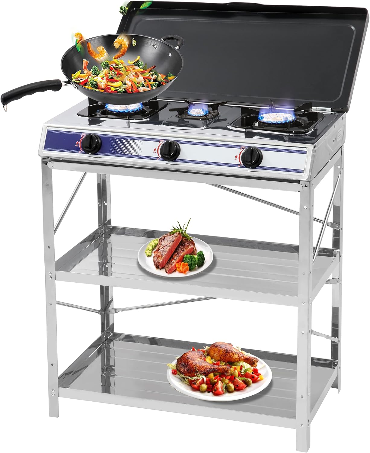 Propane Gas Cooktop 3 Burner Gas Stove with Support Leg Stand and Wind Blocking Cover Adapter Auto Ignition Camping Stove LPG for RV, Apartment, Outdoor Cooking