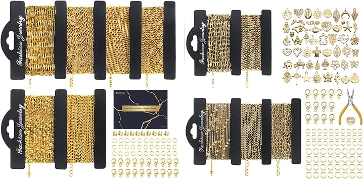 Ecoofor 14K & 18K Gold Necklace Chains Jewelry Making Kit - 55.9 Feet Total 11 Rolls with Jump Rings, Lobster Clasps, Pendants & Tools - Complete DIY Bracelet & Necklace Making Supplies Set, Complet