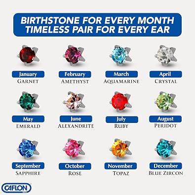 Caflon 16G Assorted Birthstone Piercing Studs, Sterilized, Pack 12 | Hypoallergenic surgical steel, nickel-free, gun or needle safe, available 3mm-5mm, gold or steel