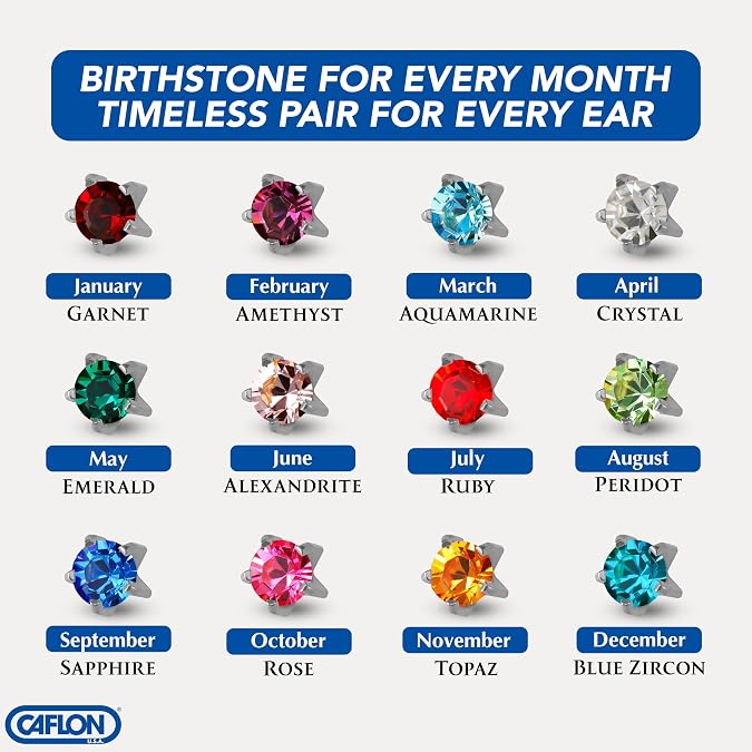 Caflon 16G Assorted Birthstone Piercing Studs, Sterilized, Pack 12 | Hypoallergenic surgical steel, nickel-free, gun or needle safe, available 3mm-5mm, gold or steel