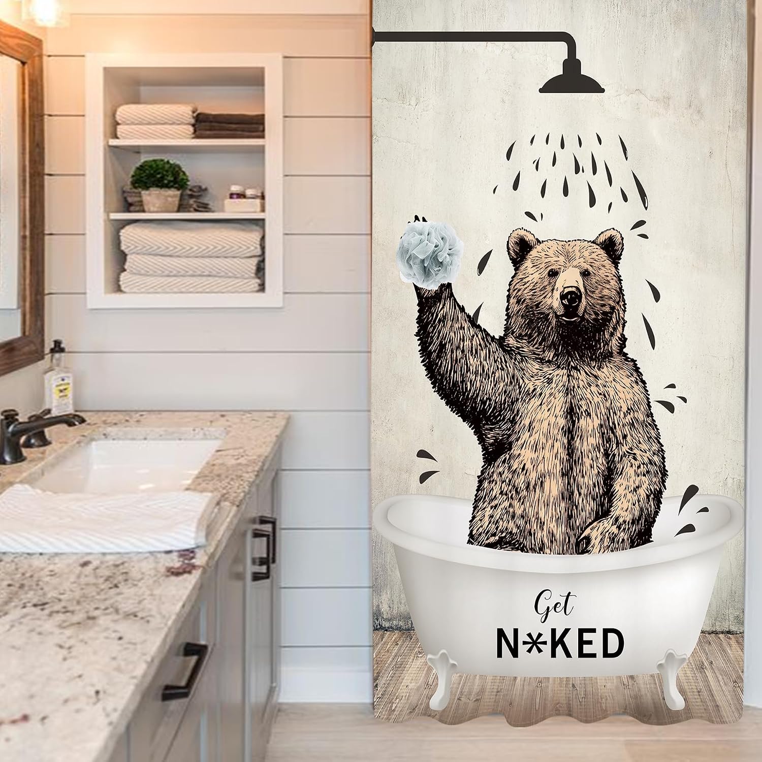 Stall Bear Funny Animal Bathroom Shower Curtain Small Half Get Naked Brown Cute Bathtub Farmhouse Kids 36W by 71H Inch Polyester Fabric 7 Plastic Hooks Waterproof Decor