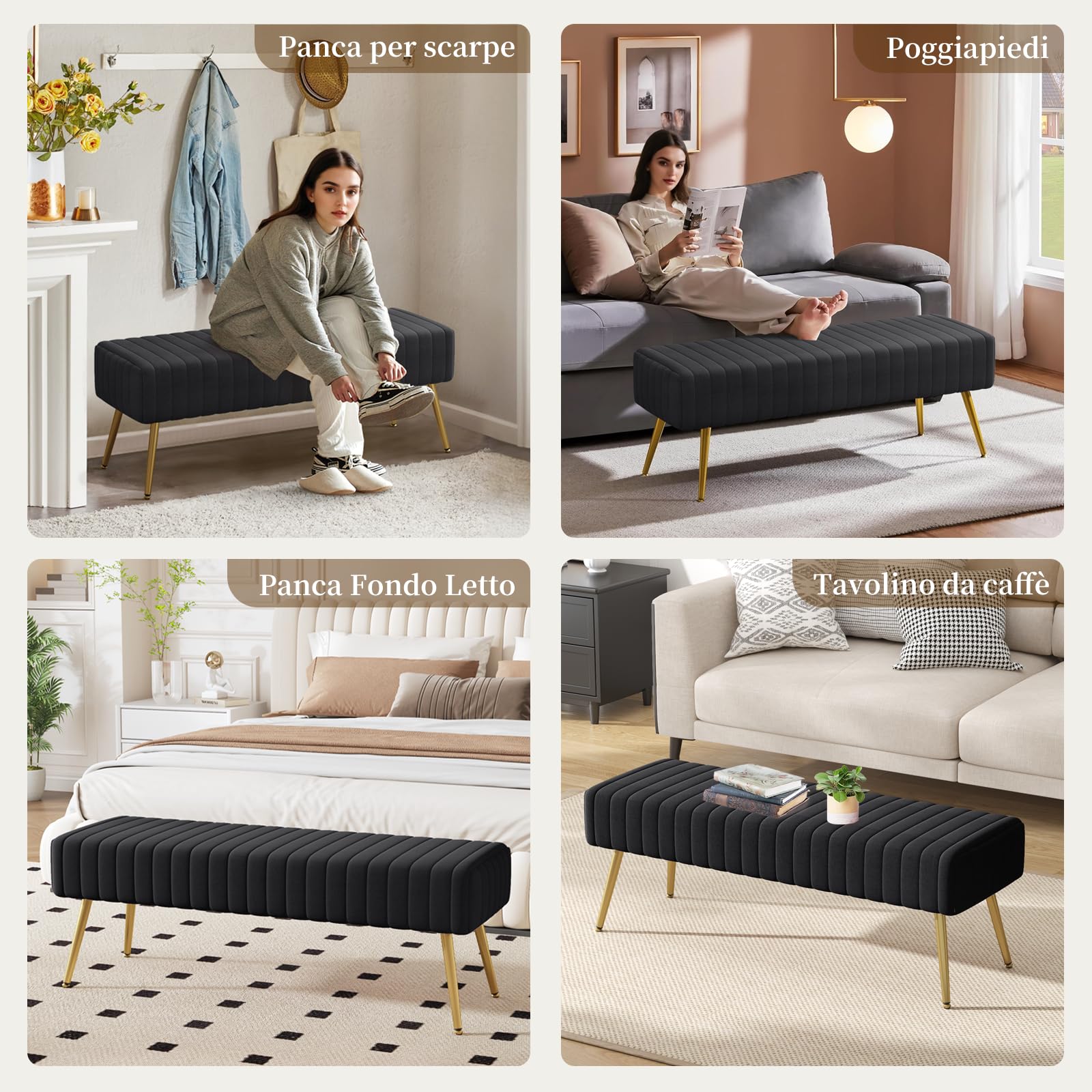 Panca Fondo Letto, Panca Imbottita da Ingresso 113.5x36.5x43cm, Sgabello per Scarpe in Velluto Poggiapiedi Cassapanca con Gambe in Metallo per Camera da Letto Ingresso Corridoio Soggiorno, Nero