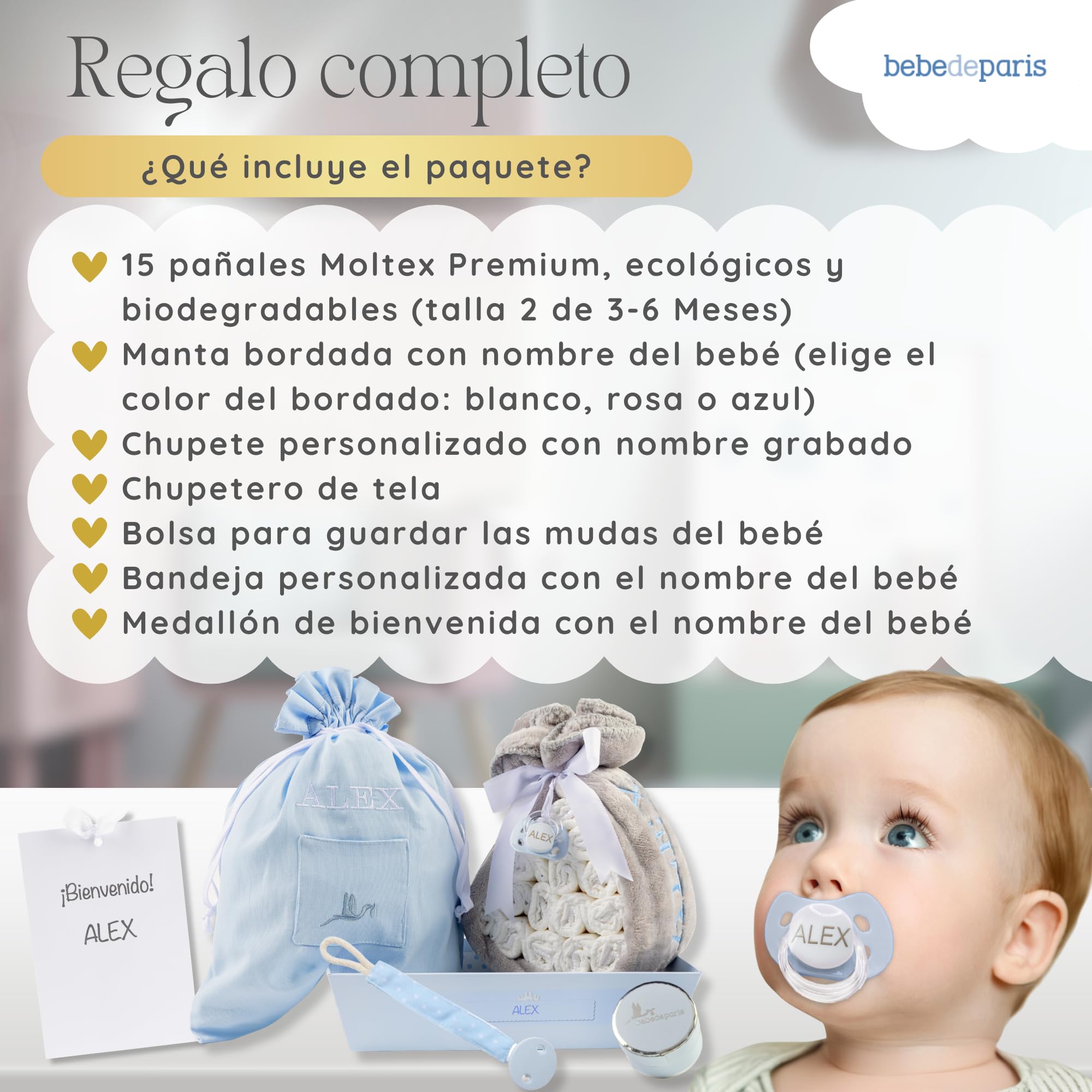 Tarta de Pañales para Recién Nacida con Manta Bordada + 15 Pañales Talla 2 + Chupete Personalizado Azul | BebeDeParis