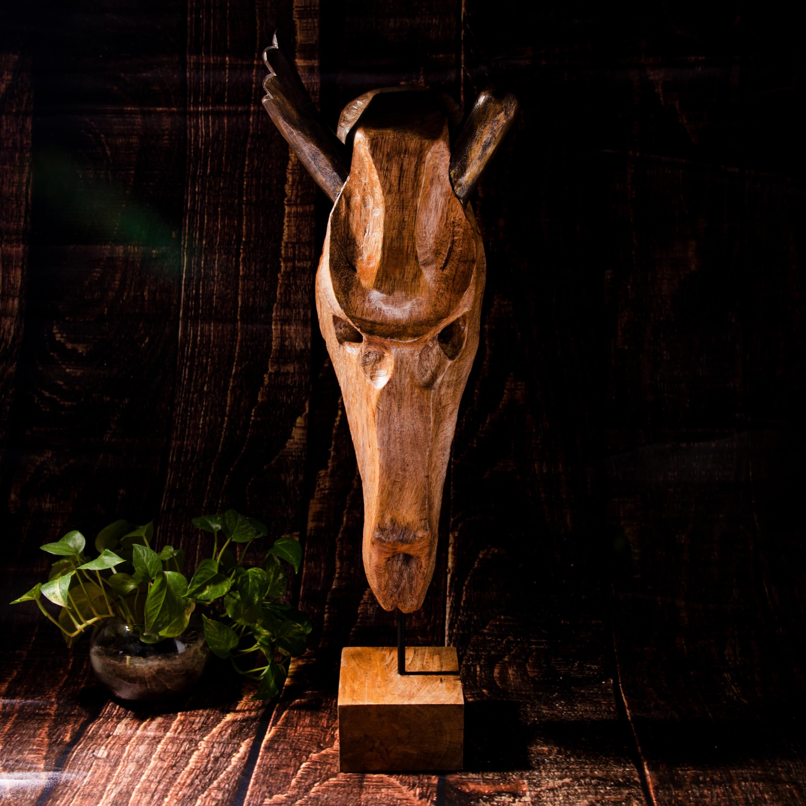 Exotic Wooden Glossy Finish Hand Crafted Wall Mount Table Stand Animal Skull with Horn Accent Home D�cor, 30 cm Sculpture Figurine (Diablo Skull)