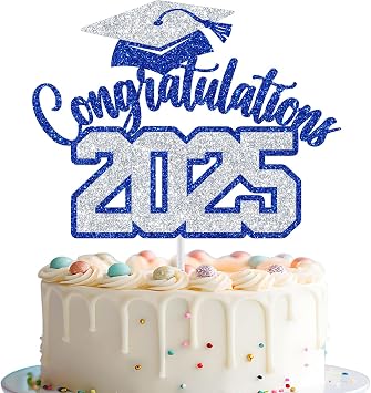 Congratulations 2025 Cake Topper, Class of 2025 Cake Decorations, Congrats Grad Party Decor, High School College University Graduation Party Decorations Blue and Silver Glitter