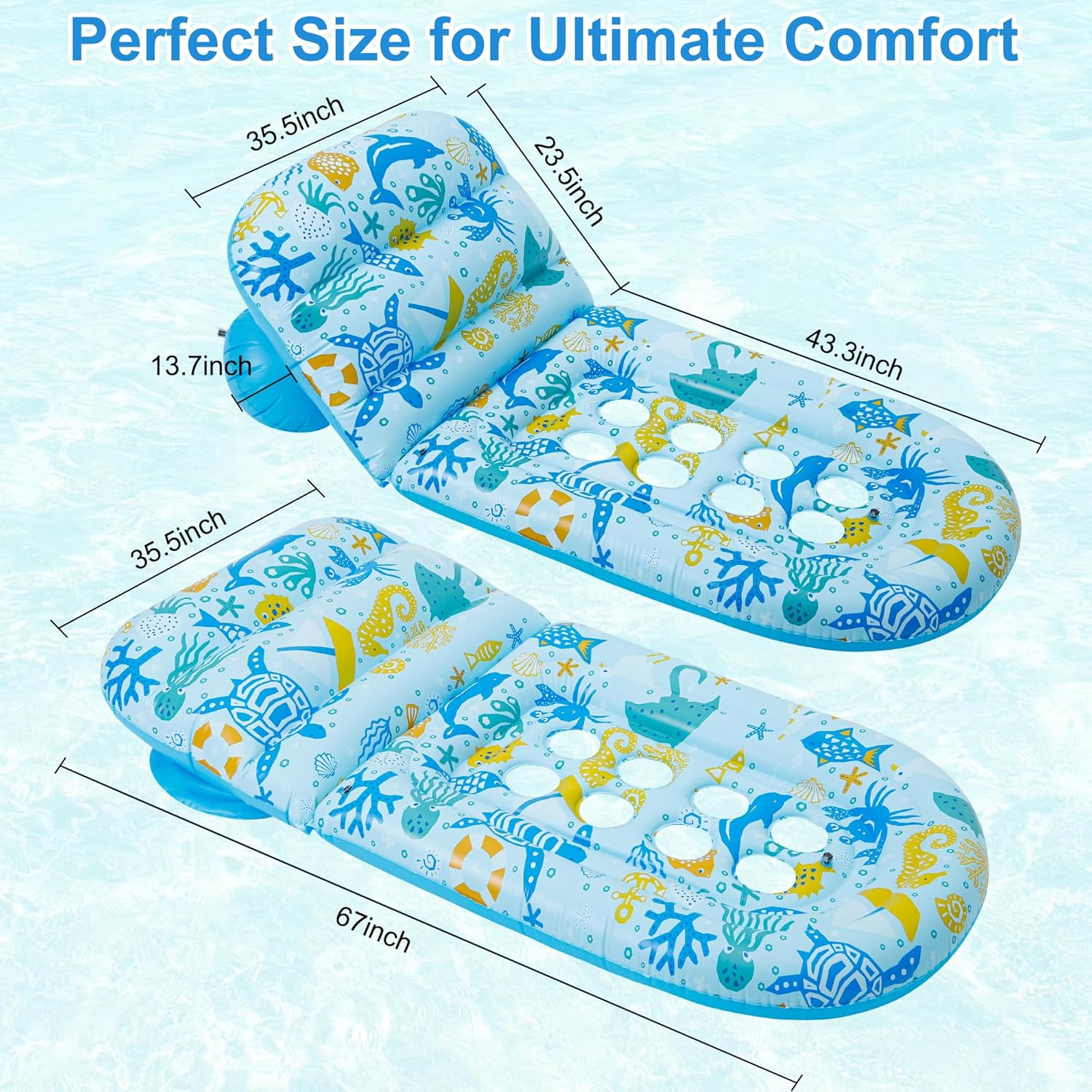 2 Pack Pool Floats Lounger, Instaywell Pool Floats Adult with Adjustable Backrest, Pool Rafts Floaties Water Hammock Tanning Floating Pool Party Toys for Swimming Pool Summertime Beach Outdoor