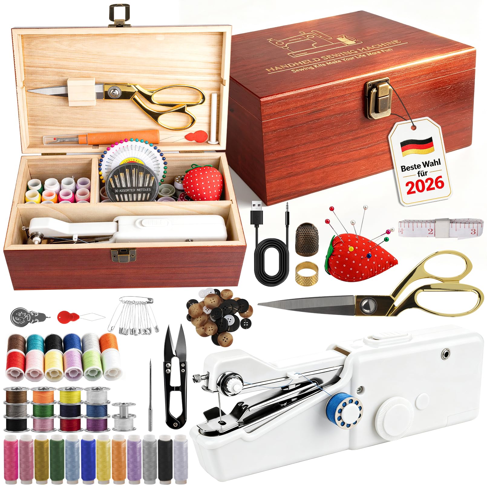 BRICH Handnähmaschine mit Aufbewahrungsbox aus Holz | 125-teiligem Nähzubehör-Set – Mini, tragbar, kabellos – geeignet für Erwachsene und Anfänger – Komplettes Heim-Reparaturset