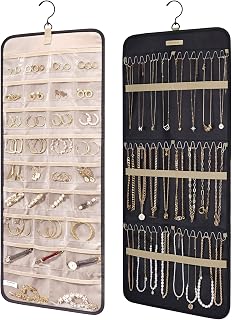 BAGSMART Hanging Jewelry Organizer Roll - Double-Sided Black Holder with 42 Metal Hooks & 32 Pockets for Necklaces, Earrings, Rings, Travel