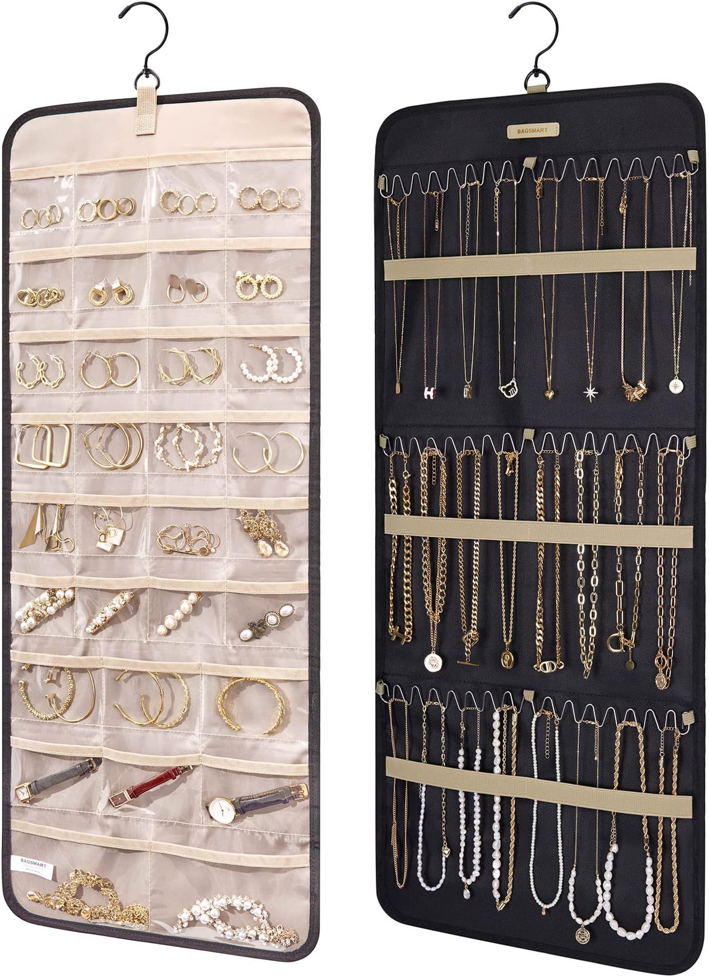 BAGSMART Hanging Jewelry Organizer Storage Roll with Hanger Metal Hook Double Sided Jewelry Holder Earring Necklace Closet Ring for Wall Door Large Black