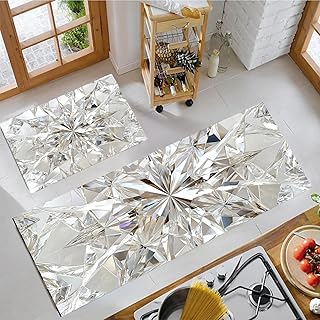 GDJSMIN Juego De Alfombras De Cocina Antideslizantes De 2 Piezas, Tapetes Y Tapetes Patrón De Diamantes Blancos Lavables para Pasillo, Comedor Y Entrada,44×70Cm+44×120Cm