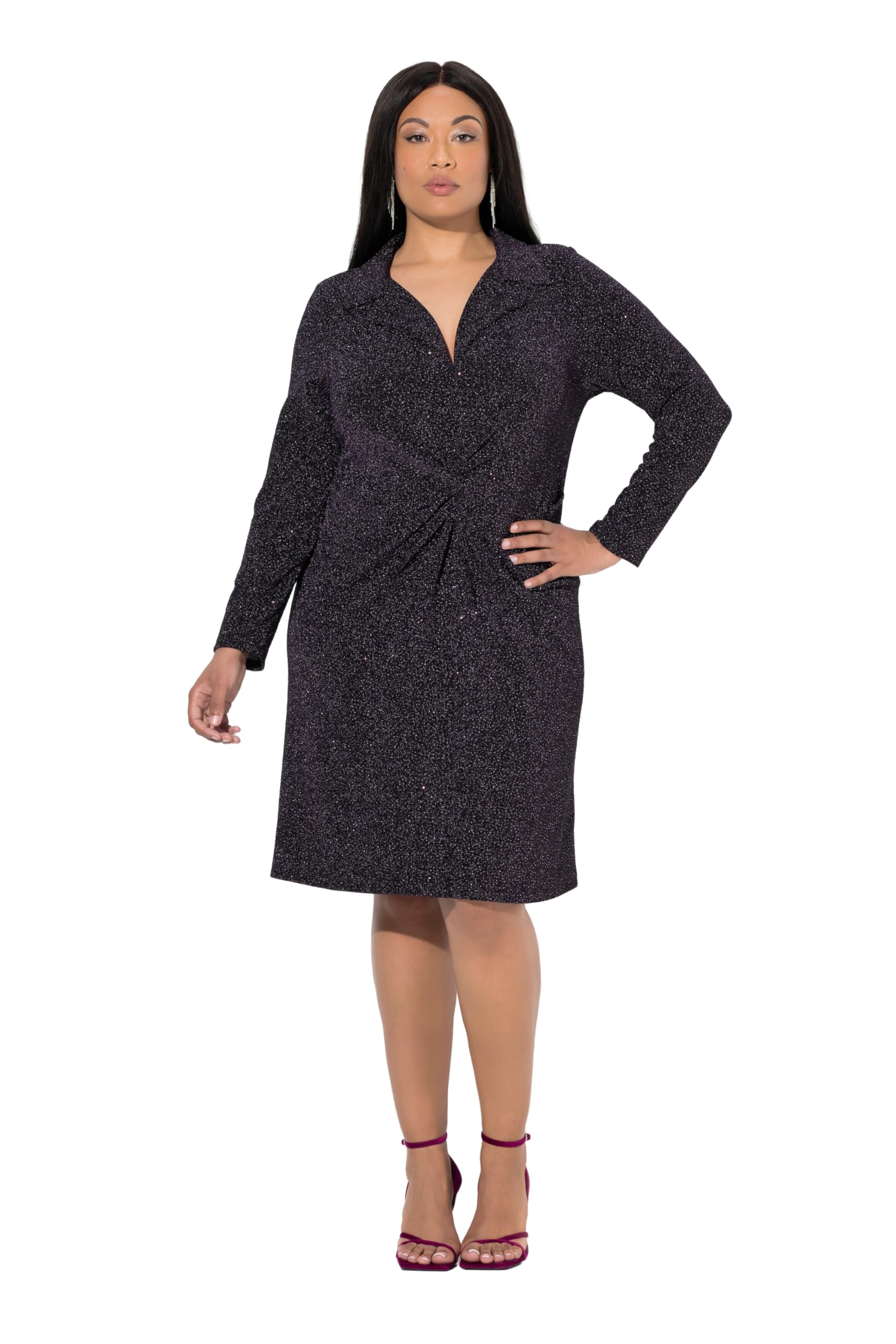 Ulla Popken Damen große Größen Übergrößen Plus Size Jerseykleid, Glitzer-Effekt, Reverskragen, Langarm 847432