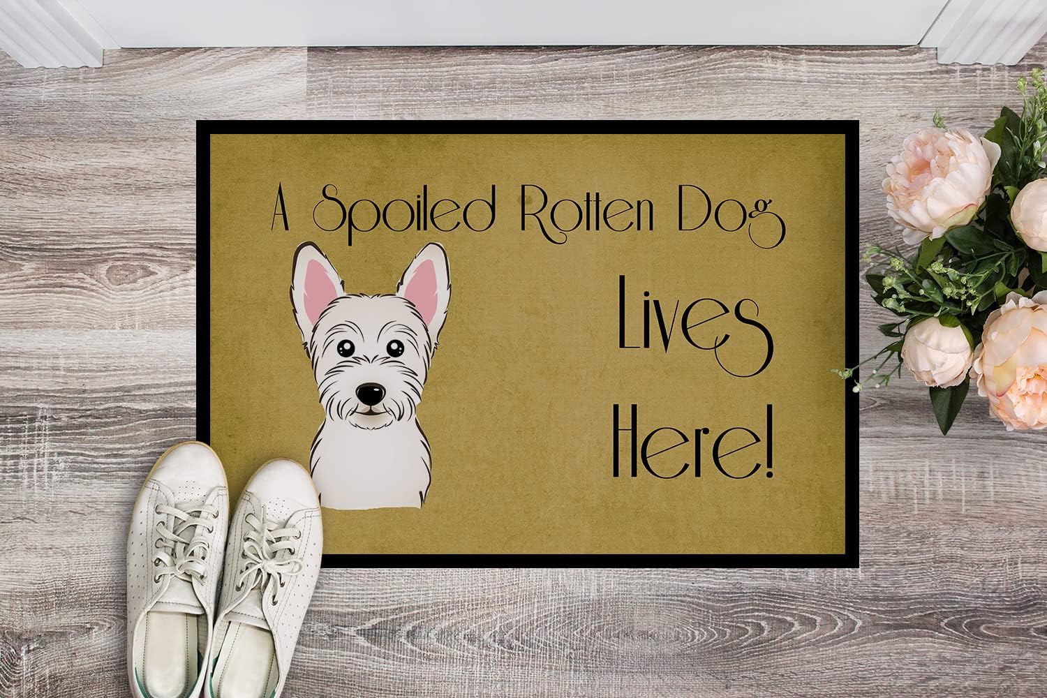 Caroline's Treasures BB1474MAT Westie Spoiled Dog Lives Here Doormat 18x27 Front Door Mat Indoor Outdoor Rugs for Entryway, Non Slip Washable Low Pile, 18H X 27W