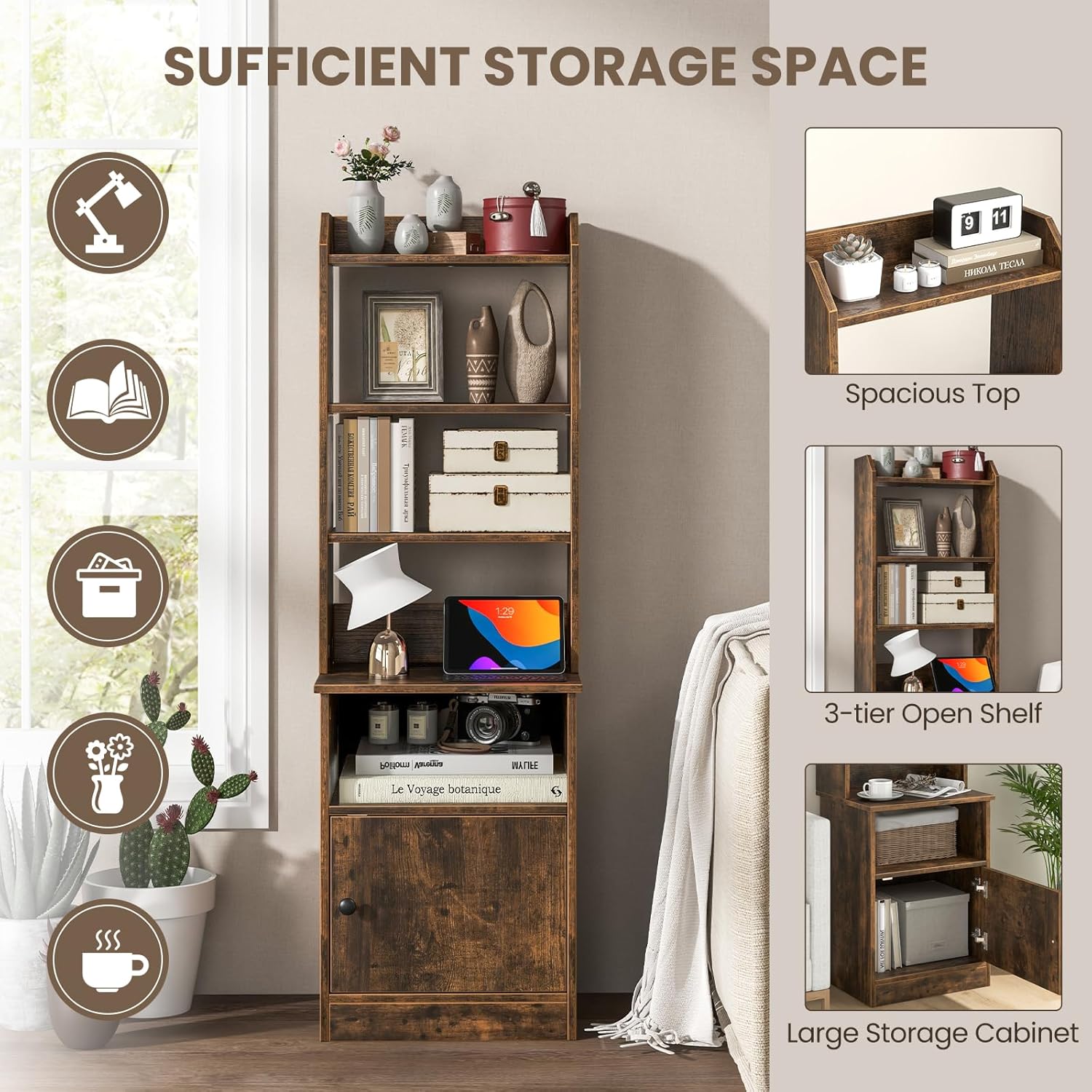 GOFLAME 56" Tall Nightstand with Charging Station, Bedside Table with Adjustable Open Shelves, Storage Cabinet, End Table with Bookcase for Bedroom, Study, Rustic Brown