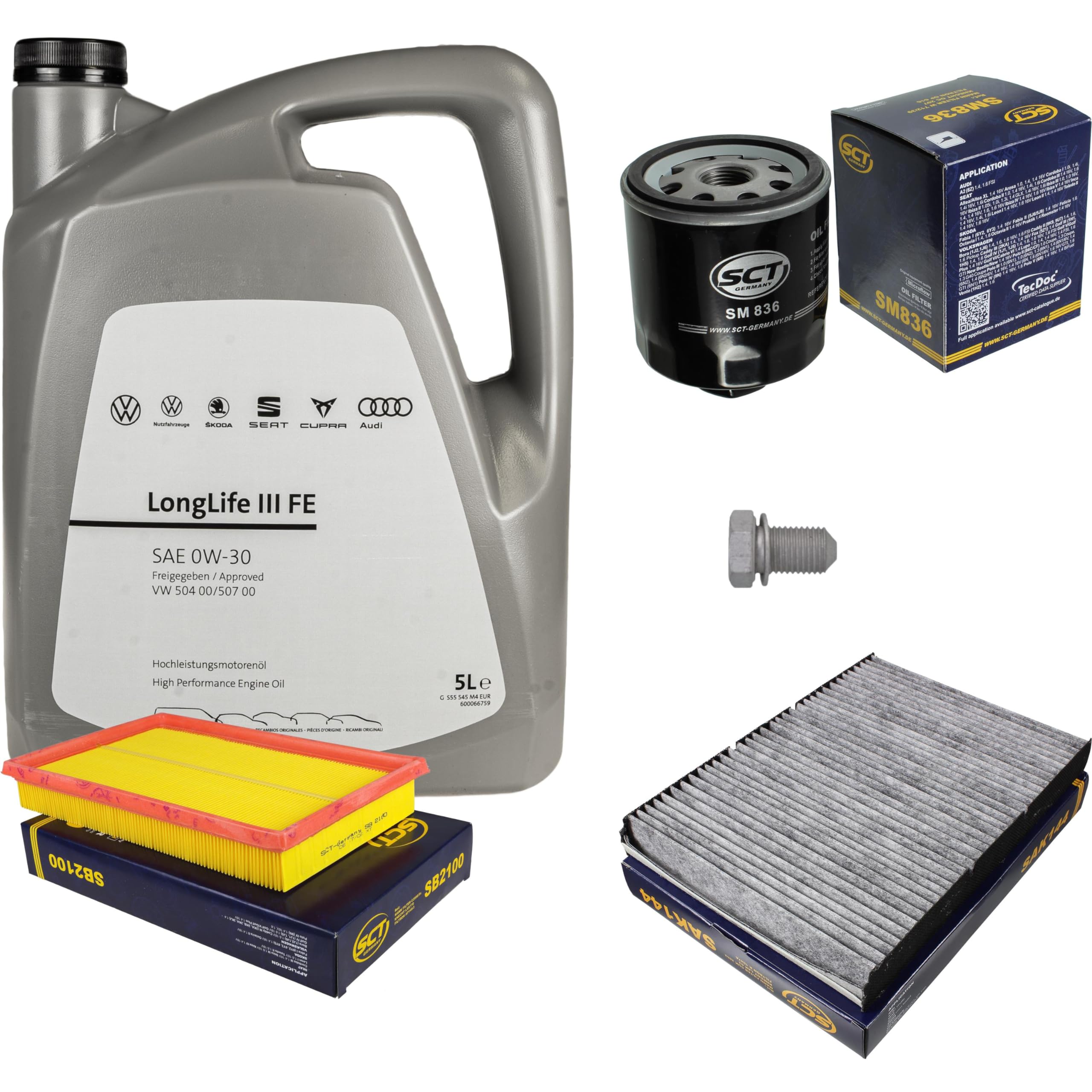 Pacchetto di ispezione pacchetto di manutenzione filtro con 5 l 0W-30 olio motore LongLife 3 FE, filtro dell'olio, filtro dell'aria abitacolo (carbone attivo) vite di scarico dell'olio