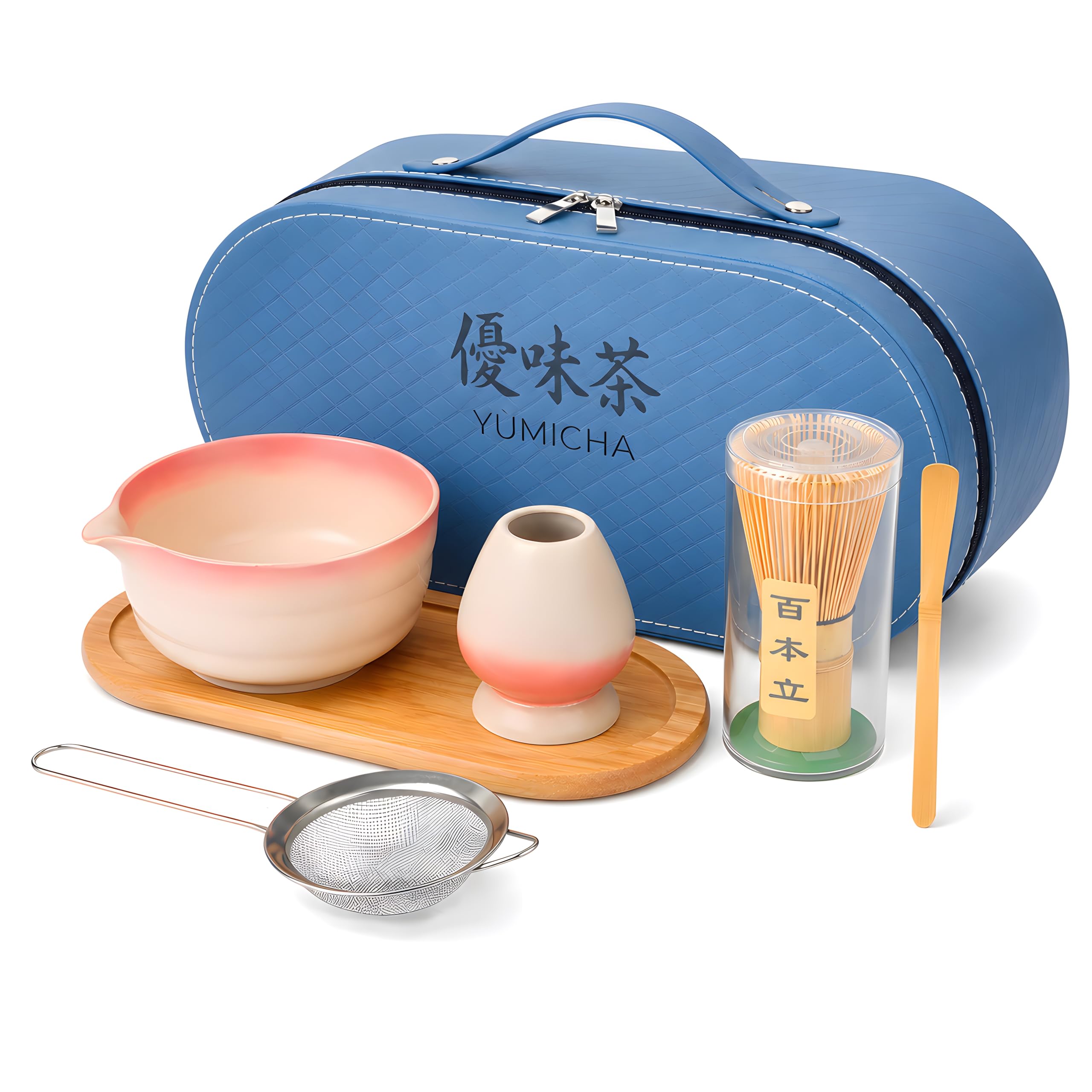 YŪMICHA KIT Matcha Japonais 7 Pièces - Coffret Cérémonie avec Mallette de Transport & Plateau en Bois - Thé Matcha – Fouet (Chasen) Bol en Céramique (Chawan), Set Matcha – Idée Cadeau Premium