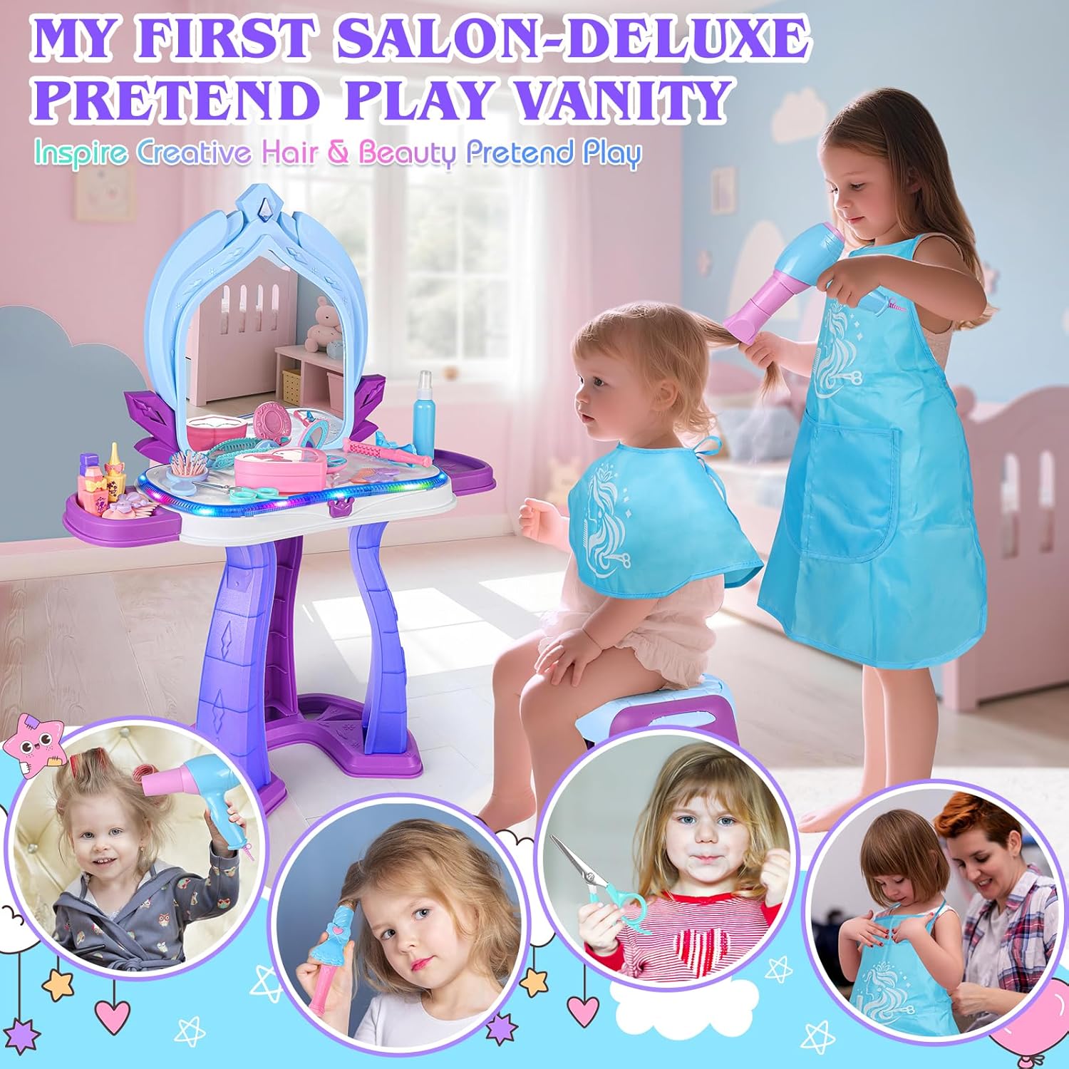 Princess Vanity for Toddlers Girls 3-5 Years Old, Kids Vanity Table and Chair Set with Magic Mirror Light Music, Toddler Makeup Dresser Set, Interactive Pretend Play Dress Up Beauty Salon Toys Gifts