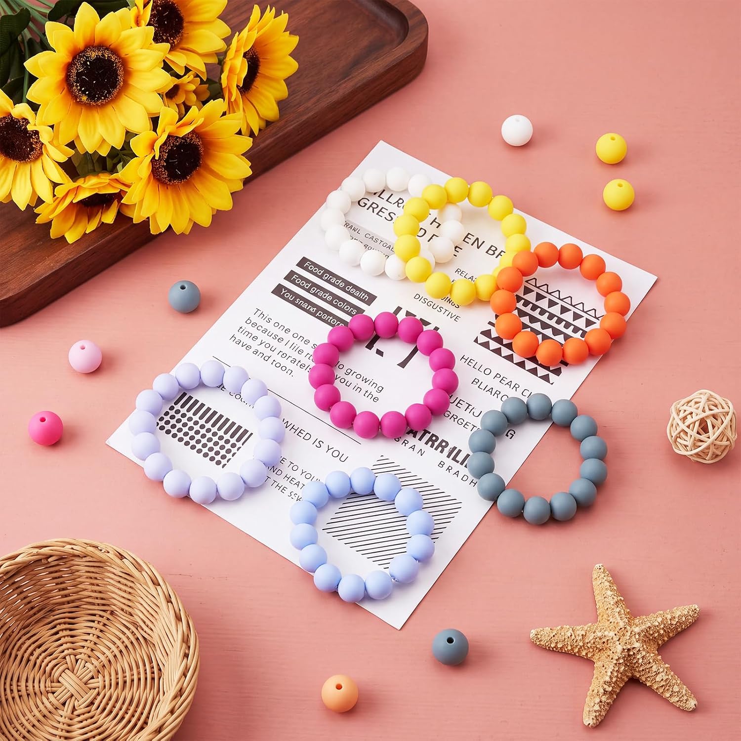 384 Pcs 15 mm Colorful Round Silicone Beads Bulk for Keychain Making Kit 48 Colors Rubber Loose Beads for Pens Necklace Bracelet Lanyard Making Kit, DIY Jewelry Art Crafts